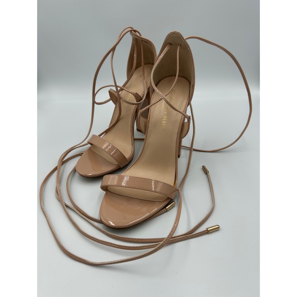 Charles Albert Nude Patent Lace Up Block Heel Sandals‎ Womens Size 7 Beige Wrap